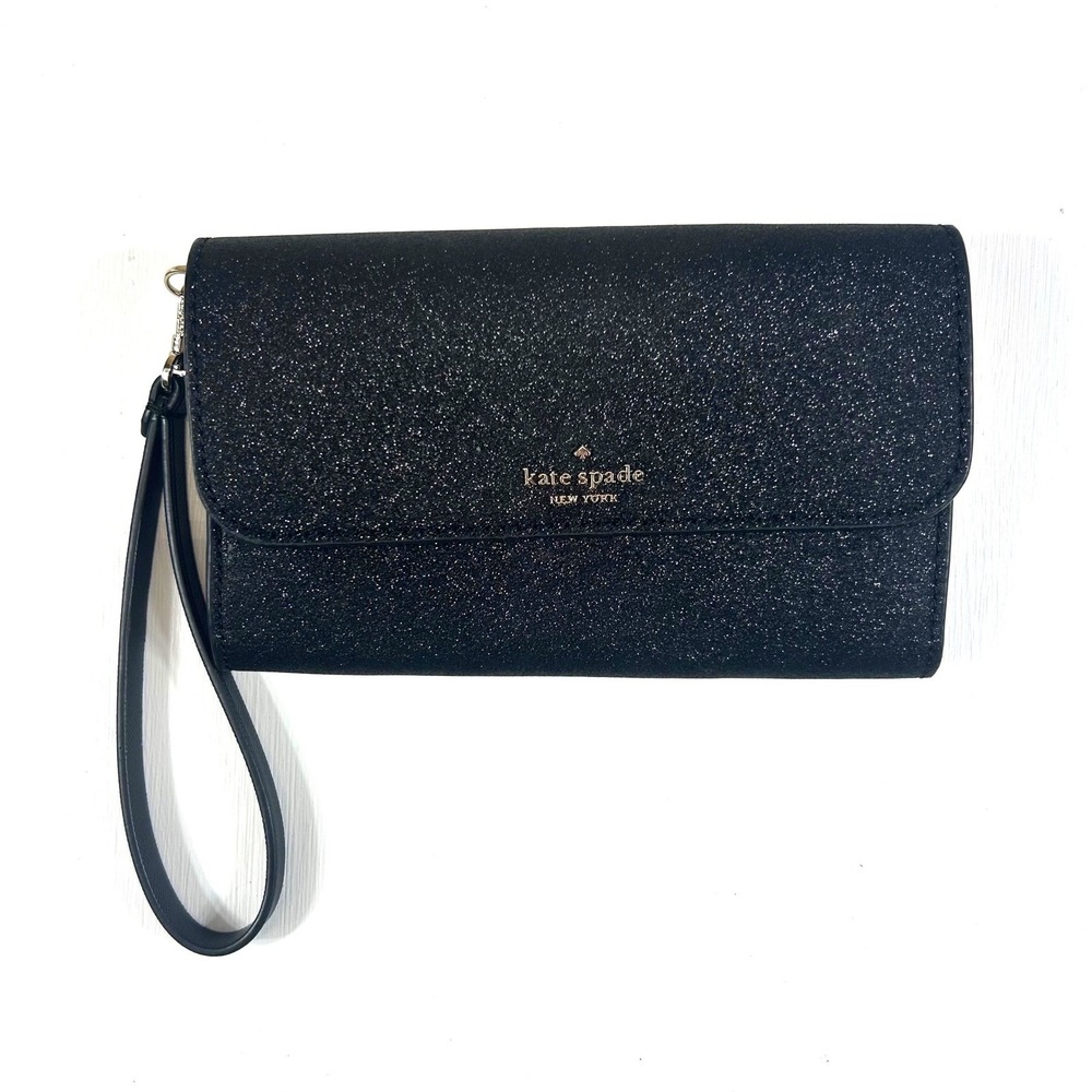 Kate Spade New York Black Glitter Wristlet Wallet Snap‎ Flap Clutch Bag